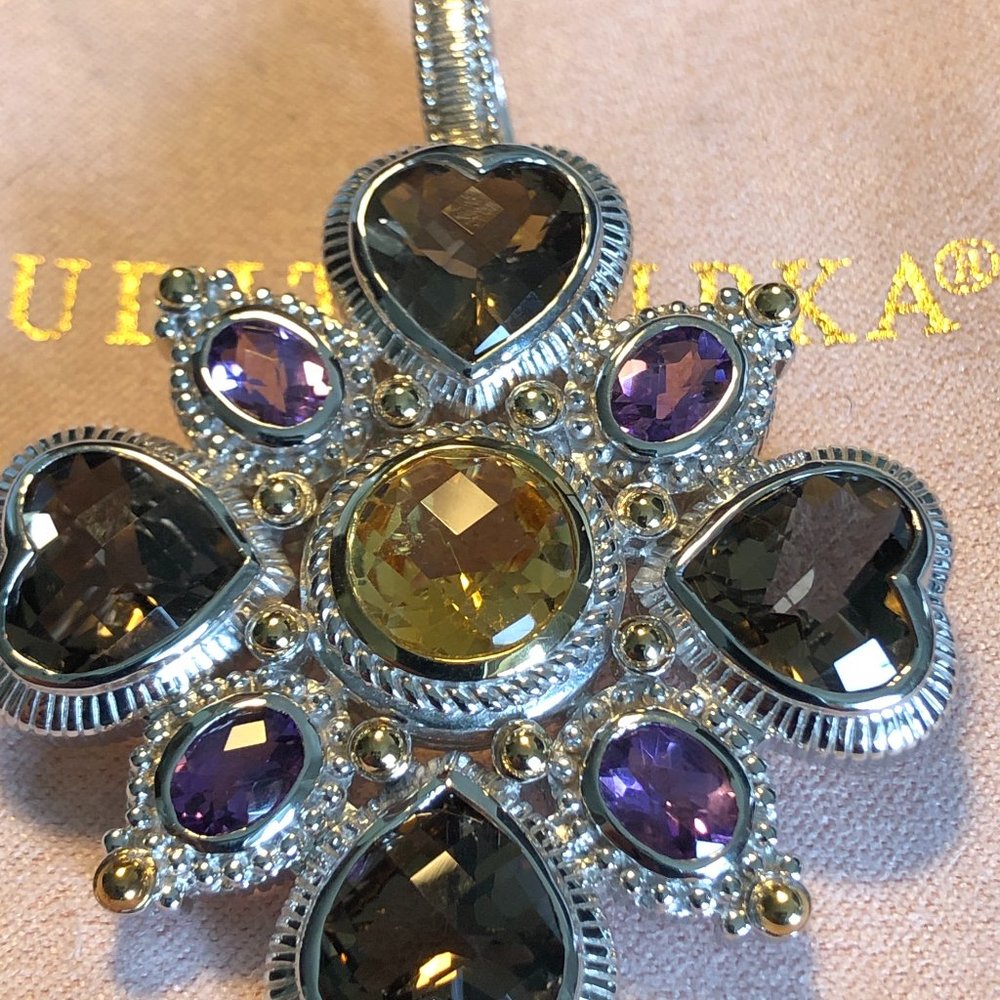 JUDITH RIPKA 14K Gold & Sterling Silver Multi Gem Necklace Enhancer & Brooch